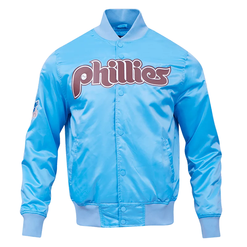 Casual And Versatile MLB PHILADELPHIA PHILLIES RETRO BIG LOGO MEN'S SATIN JACKET (UNIVERSITY BLUE)