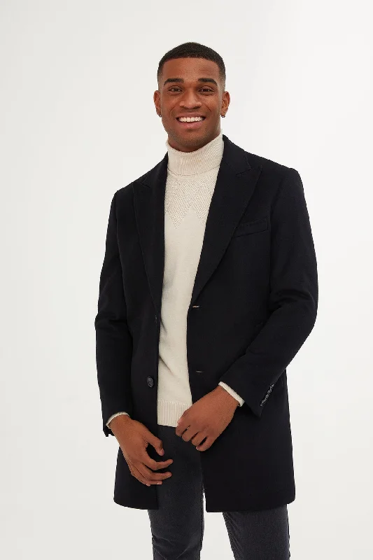 Sports Series Regular Fit Peaked Lapel Wool Blend Navy Overcoat