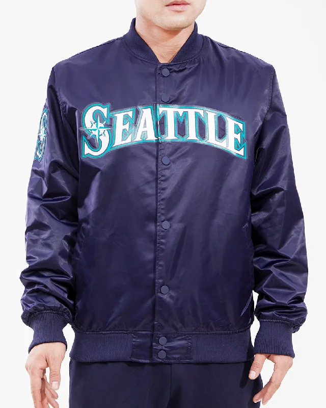 Simple Elegance MLB SEATTLE MARINERS BIG LOGO MEN'S SATIN JACKET (MIDNIGHT NAVY)