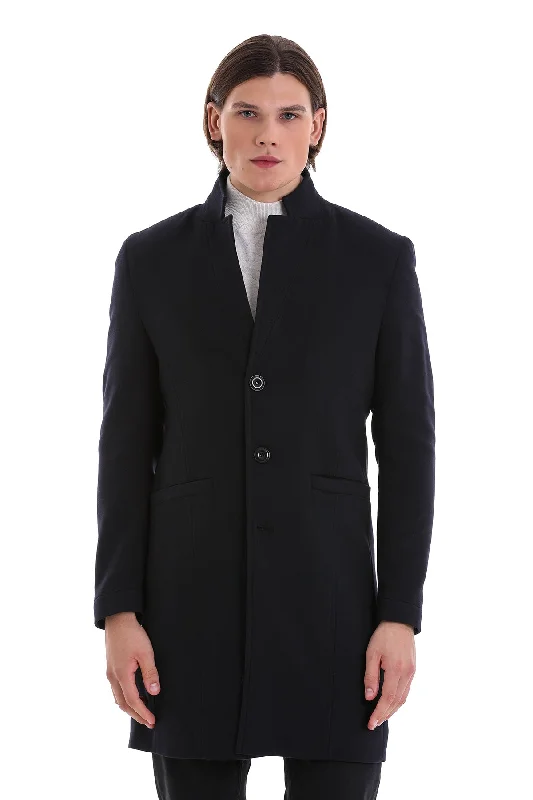 Must-have For Autumn And Winter Regular Fit Cachet Notch Lapel Navy Overcoat