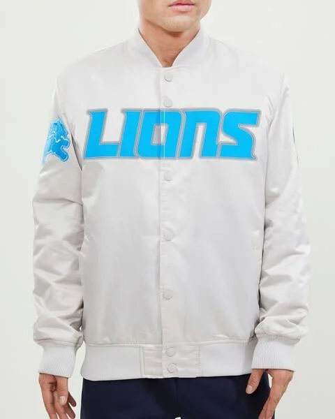 Easygoing Style NFL DETROIT LIONS WORDMARK MEN'S SATIN JACKET (SILVER)