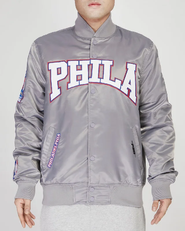 Cozy Look NBA PHILADELPHIA 76ERS CREST EMBLEM MEN'S SATIN JACKET (GRAY)