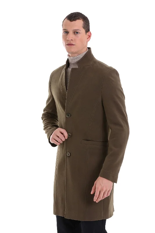 Breathable Design Regular Fit Cachet Notch Lapel Khaki Overcoat
