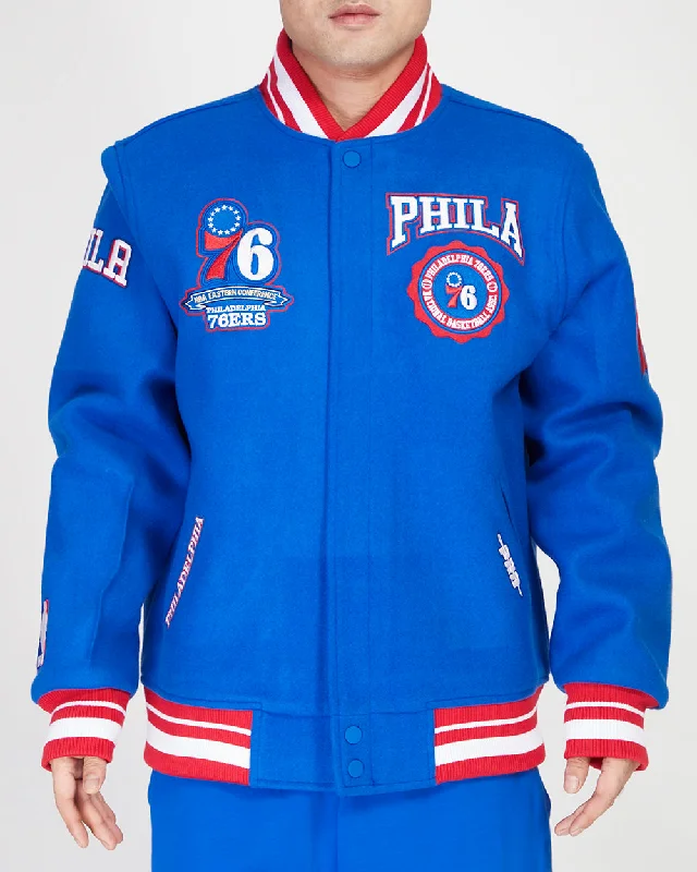 Versatile Wear NBA PHILADELPHIA 76ERS CREST EMBLEM MEN'S RIB WOOL VARSITY JACKET (ROYAL BLUE/RED)