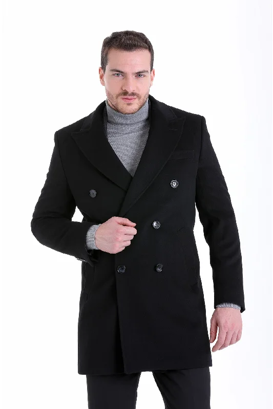 Comfortable Series Regular Fit Cachet Double Breasted Wool Blend Black Overcoat