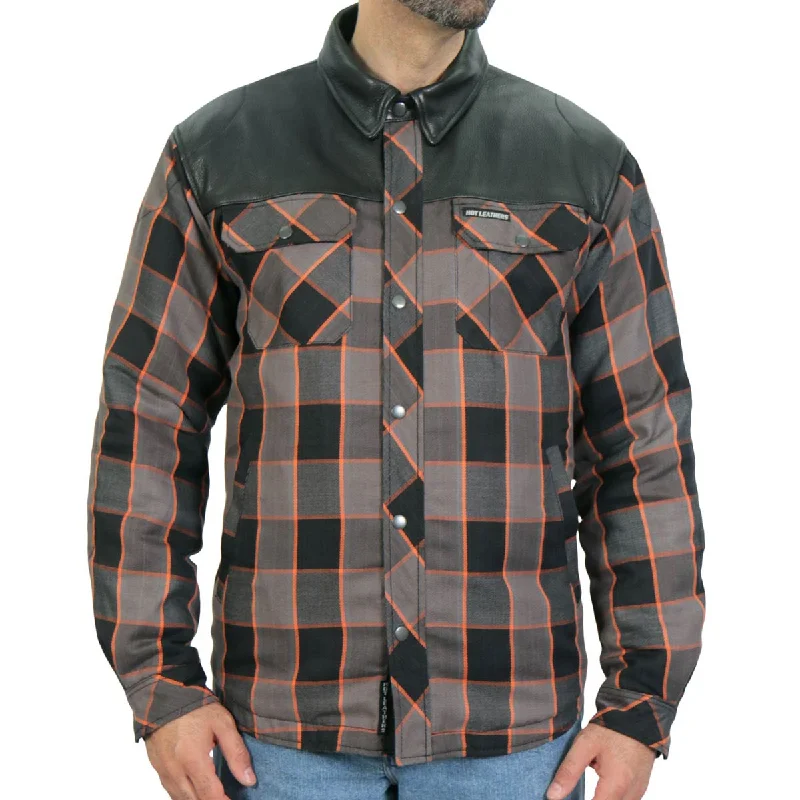 Elegant Style Hot Leathers JKM3202 Men's Grey Black and Orange Kevlar Reinforced Leather and Plaid Flannel Shirt