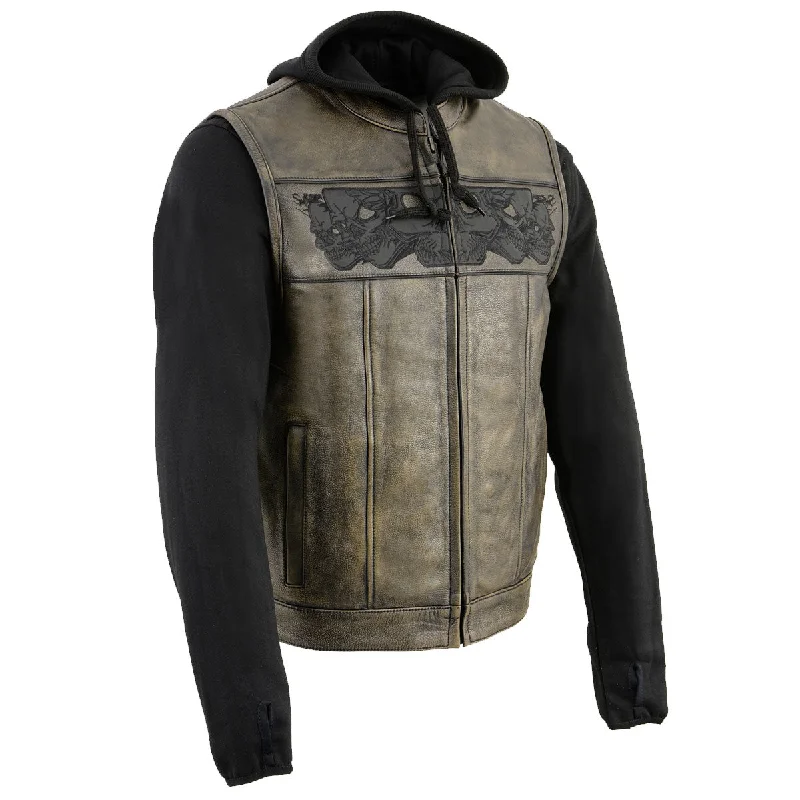 Light Fit Milwaukee Leather MLM3561 Men's Leather Vest w/ Removeable Hoodie- Distress Brown Reflective Skulls Motorcycle Vest Light Fit Milwaukee Leather MLM3561 Men's Leather Vest w/ Removeable Hoodie- Distress Brown Reflective Skulls Motorcycle Vest