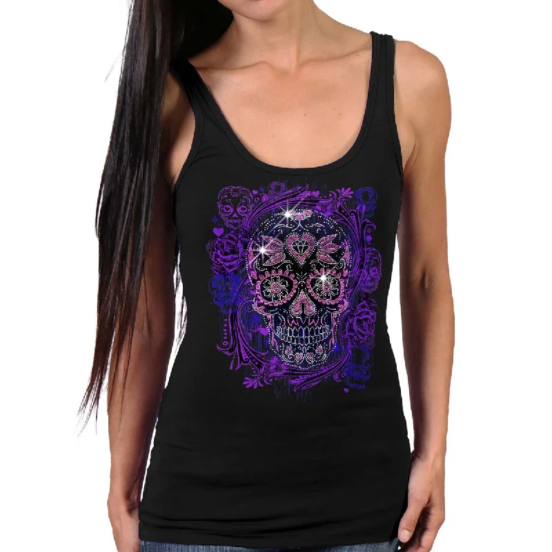 Elegant Tailoring Hot Leathers GLR2562 Ladies Black Sugar Skull Bling Tank Top Shirt Elegant Tailoring Hot Leathers GLR2562 Ladies Black Sugar Skull Bling Tank Top Shirt