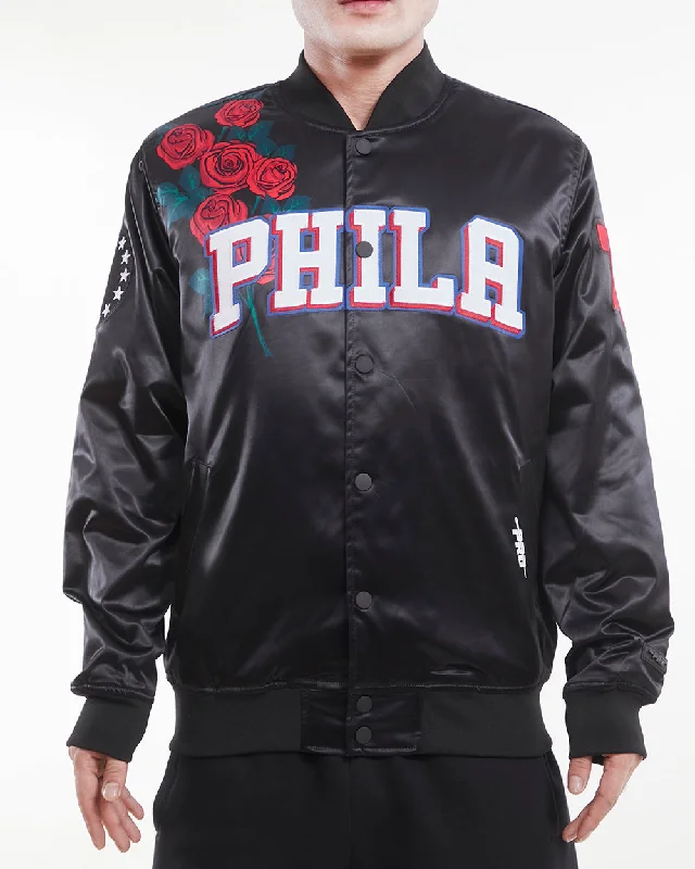 Luxe Comfort NBA PHILADELPHIA 76ERS ROSES MEN'S SATIN JACKET (BLACK)