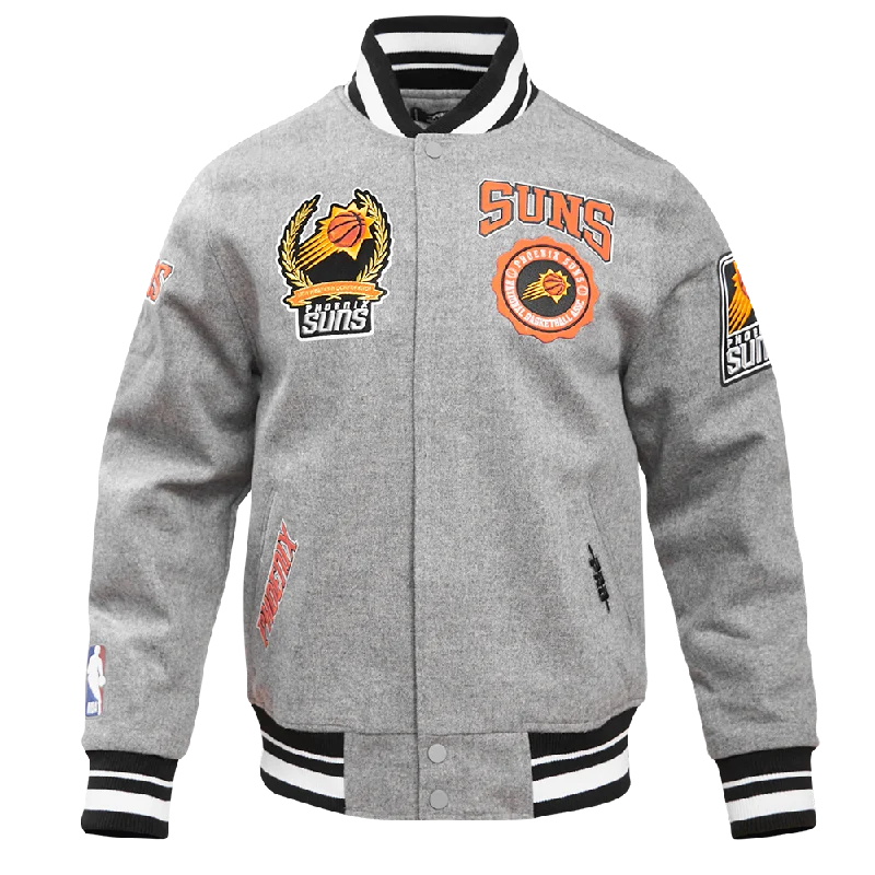 Noble And Elegant NBA PHOENIX SUNS CREST EMBLEM MEN'S RIB WOOL VARSITY JACKET (HEATHER GRAY/BLACK)