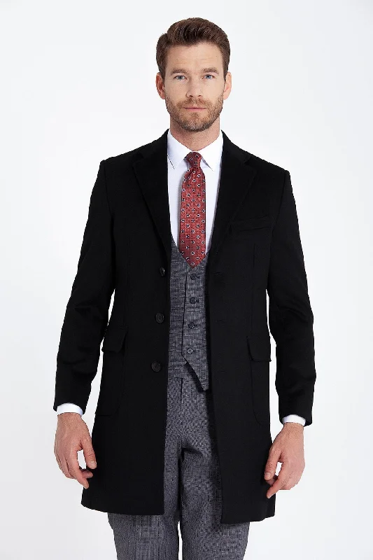Comfortable Outfits Slim Fit Cachet Notch Lapel Black Wool Blend Overcoat