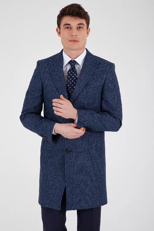 Sporty Wear Slim Fit Notch Lapel Rotterdam Wool Navy Overcoat, Navy D.