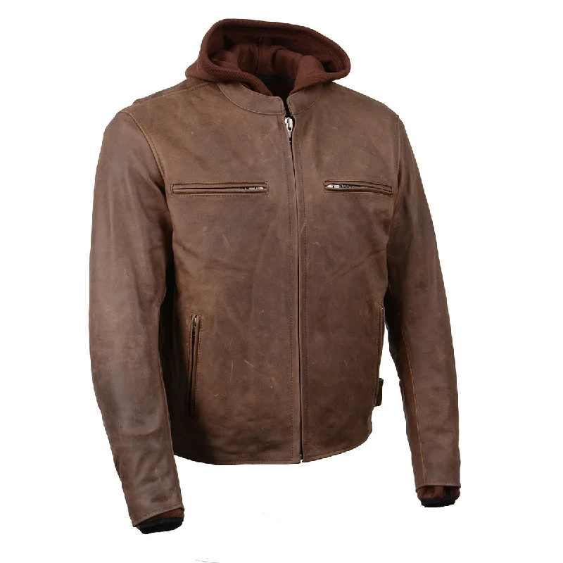 Cozy Chic Milwaukee Leather MLM1518 Men's 'Scoundrel' Vintage Crazy Horse Brown Leather Jacket w/ Removable Hoodie Cozy Chic Milwaukee Leather MLM1518 Men's 'Scoundrel' Vintage Crazy Horse Brown Leather Jacket w/ Removable Hoodie