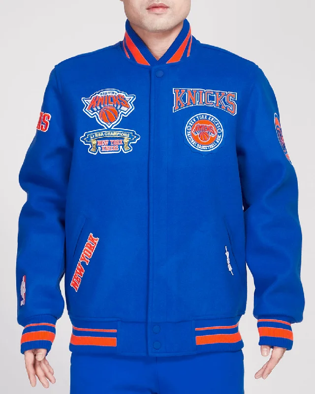 Fashionable And Fashionable NBA NEW YORK KNICKS CREST EMBLEM MEN'S RIB WOOL VARSITY JACKET (ROYAL/ORANGE/ROYAL)