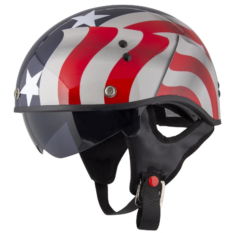 Fashionable Ease Outlaw T-70 'Blue Flag' American Flag Half Face Helmet with Drop Down Tinted Visor Fashionable Ease Outlaw T-70 'Blue Flag' American Flag Half Face Helmet with Drop Down Tinted Visor