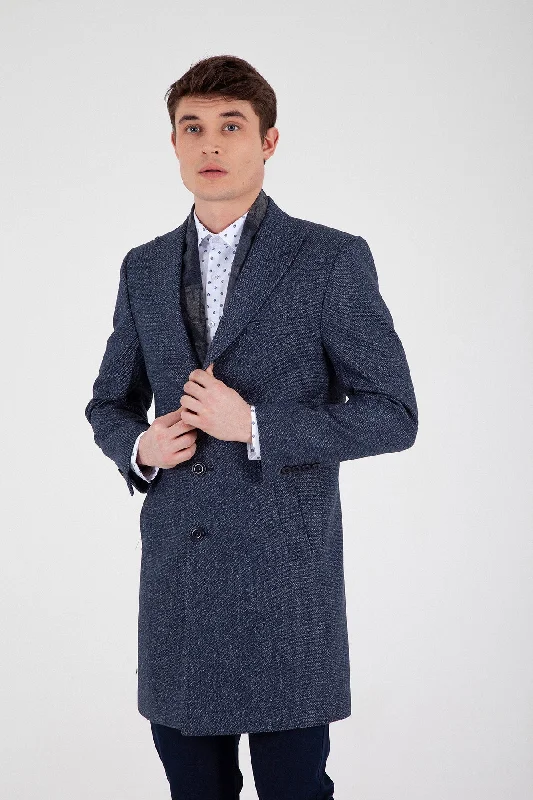 Cozy Essentials Slim Fit Notch Lapel Rotterdam Wool Navy Overcoat, Dark Navy D.