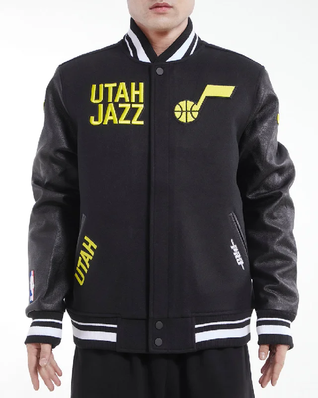 Soft Layers NBA UTAH JAZZ RETRO CLASSIC MEN'S RIB WOOL VARSITY JACKET (BLACK)
