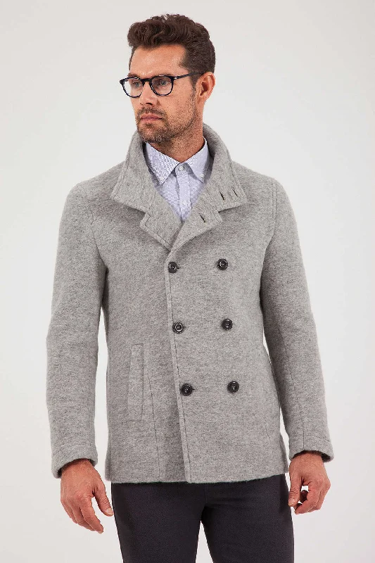 Designer Style Slim Fit Notch Lapel Alpine Wool Gray Overcoat, Light Gray 7