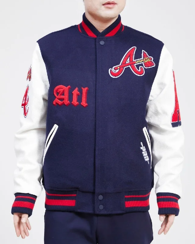 Romantic Temperament MLB ATLANTA BRAVES OLD ENGLISH WOOL MEN'S VARSITY JACKET (MIDNIGHT NAVY/WHITE)