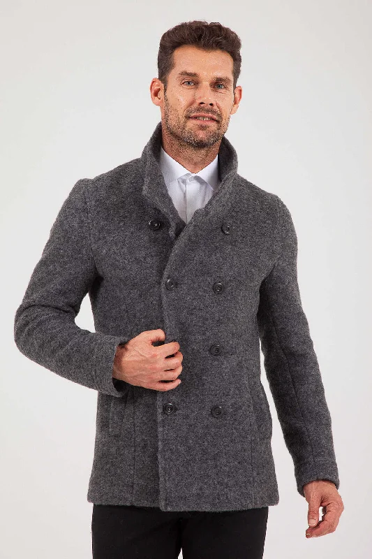 Casual Street Slim Fit Notch Lapel Alpine Wool Gray Overcoat, Dark Gray