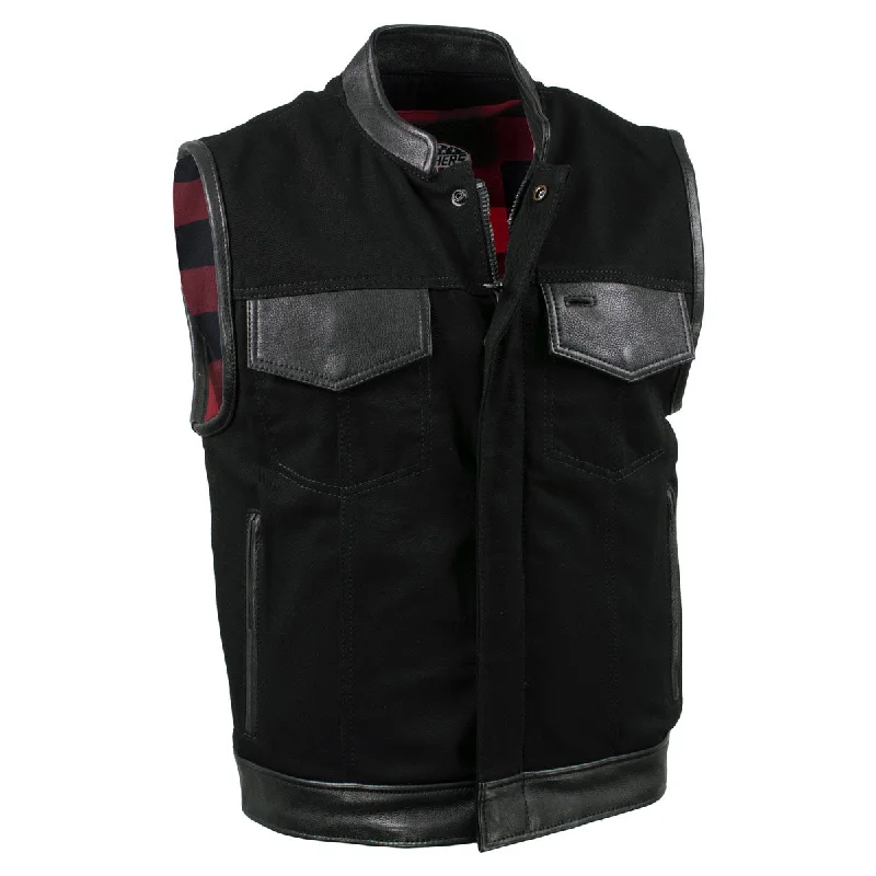 Simple Comfort Milwaukee Leather USA MADE MLVSM5101 Men's Black 'Burn Out' Denim and Leather Motorcycle Vest with Plaid Red Lining Simple Comfort Milwaukee Leather USA MADE MLVSM5101 Men's Black 'Burn Out' Denim and Leather Motorcycle Vest with Plaid Red Lining