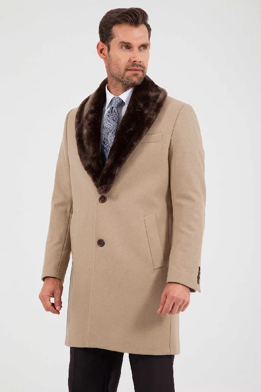 Cozy Fashion Slim Fit Cachet Notch Lapel Beige Wool Blend Overcoat