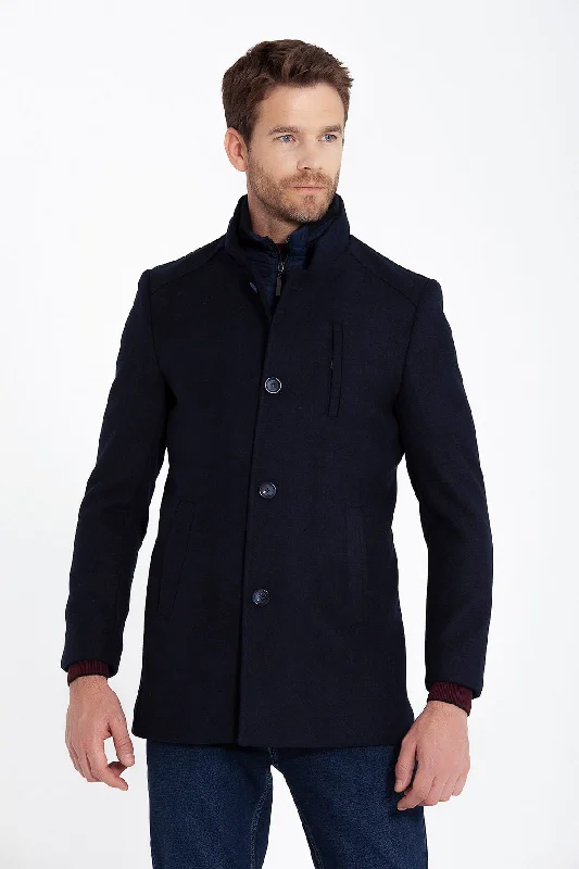Effortless Dressing Slim Fit Cachet Manhattan Stand Collar Wool Blend Navy Overcoat, Navy