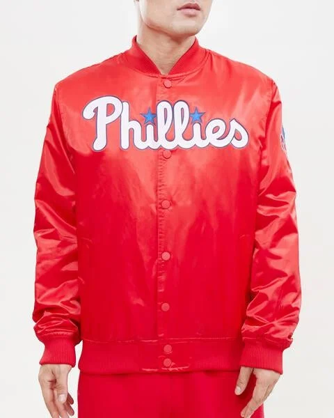 Classic Style MLB PHILADELPHIA PHILLIES WORDMARK MEN'S SATIN JACKET (RED)