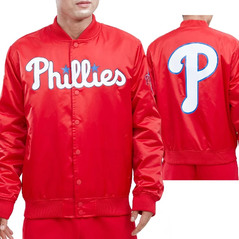 Cool Summer MLB PHILADELPHIA PHILLIES TEAM BIG LOGO MEN'S SATIN JACKET (RED)