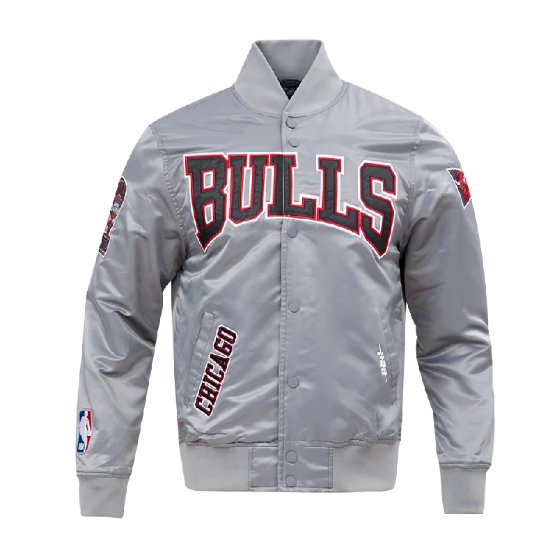 Fashion Concept NBA CHICAGO BULLS CREST EMBLEM MEN'S SATIN JACKET (GRAY)