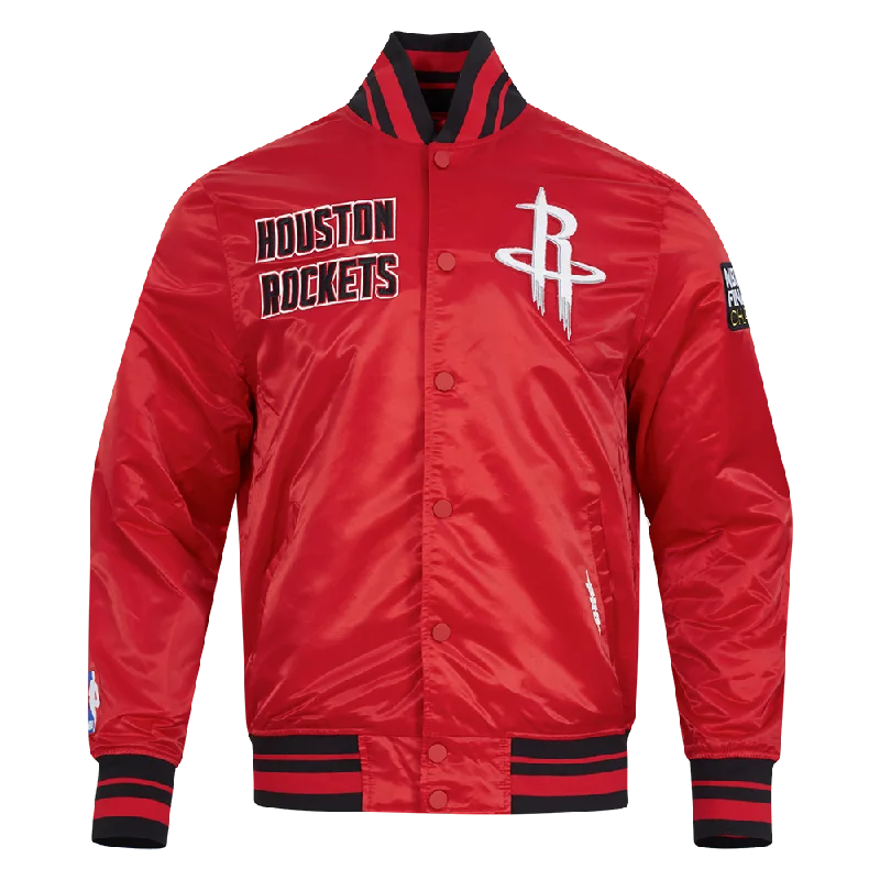 Windbreaker fashion NBA HOUSTON ROCKETS RETRO CLASSIC MEN'SS RIB SATIN JACKET (RED/BLACK)