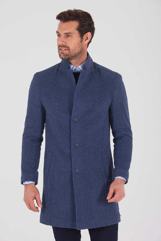 Comfortable Lifestyle Slim Fit Cachet Notch Lapel Light Navy Wool Blend Overcoat