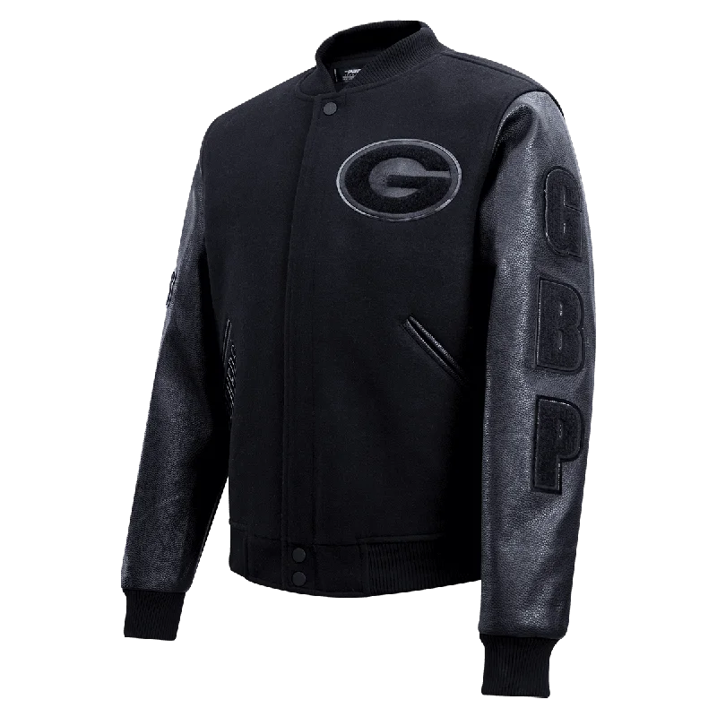 Free Design NFL GREEN BAY PACKERS TRIPLE BLACK LOGO MEN'S VARSITY JACKET (TRIPLE BLACK)