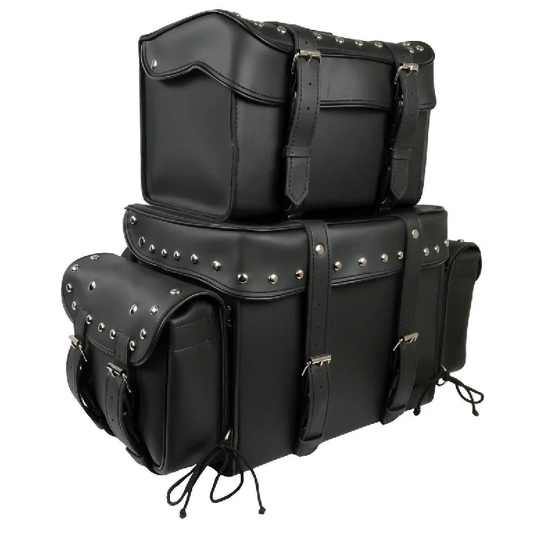 Cozy Outerwear Milwaukee Leather SH650 Large Black PVC 4-Piece Studded Motorcycle Touring Pack with Barrel Bag Cozy Outerwear Milwaukee Leather SH650 Large Black PVC 4-Piece Studded Motorcycle Touring Pack with Barrel Bag