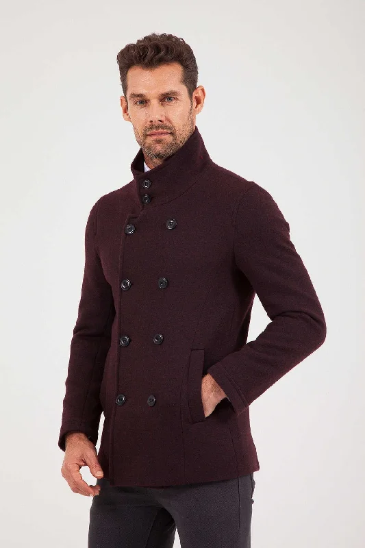 Design And Tailoring Slim Fit Notch Lapel Alpine Wool Gray Overcoat, Burgundy