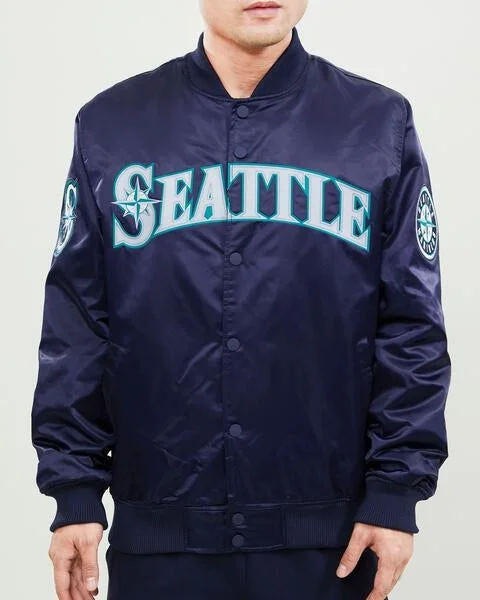Sporty Elegance MLB SEATTLE MARINERS WORDMARK MEN'S SATIN JACKET (MIDNIGHT NAVY)