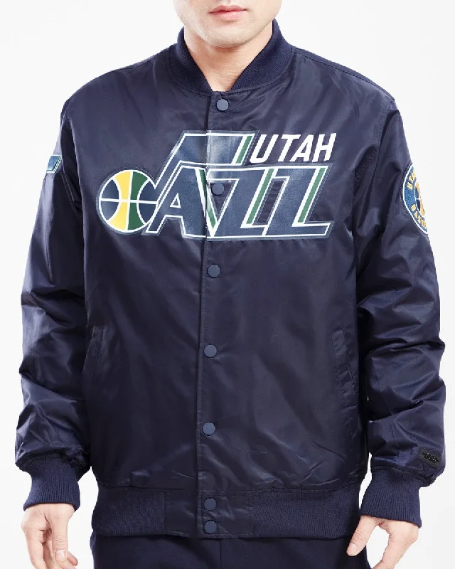 Relaxed And Casual NBA UTAH JAZZ TEAM BIG LOGO MEN'S SATIN JACKET (MIDNIGHT NAVY)