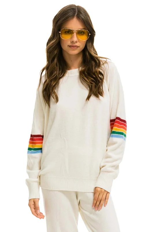 Trends RAINBOW STRIPE SLEEVE UNISEX CASHMERE LIGHT SWEATER - VINTAGE WHITE