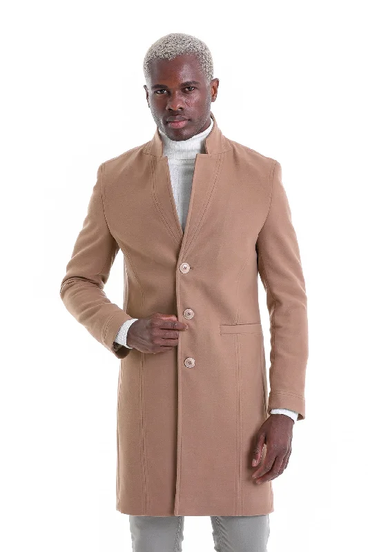 Comfortable Mind Regular Fit Cachet Notch Lapel Camel Overcoat