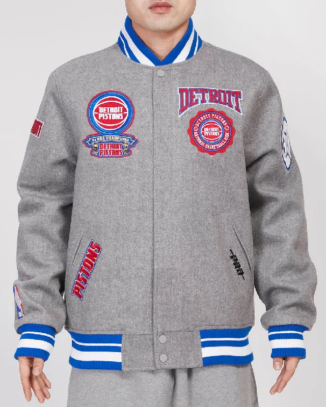 Celebrity Style NBA DETROIT PISTONS CREST EMBLEM MEN'S RIB WOOL VARSITY JACKET (HEATHER GREY/ROYAL)