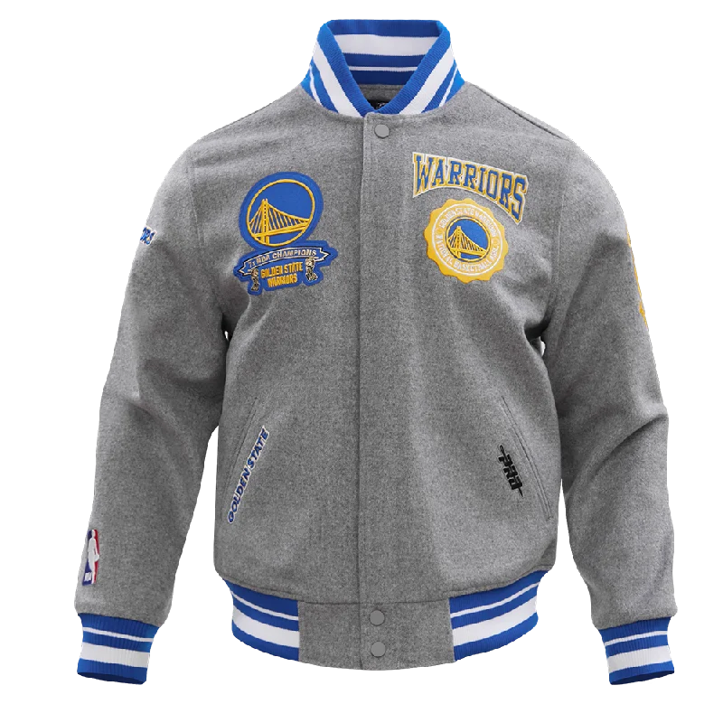 Quality Tailoring NBA GOLDEN STATE WARRIORS CREST EMBLEM MEN'S RIB WOOL VARSITY JACKET (HEATHER GREY/ROYAL)