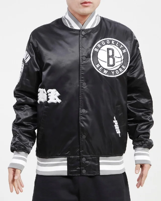 Moisture wicking NBA BROOKLYN NETS OLD ENGLISH MEN'S SATIN JACKET (BLACK)