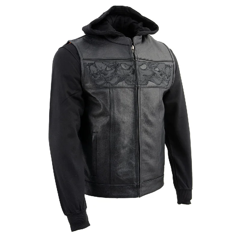 Celebrity Style Milwaukee Leather MLM3563 Men's Leather Vest w/ Removeable Hoodie - Black 2 in 1 Reflective Skulls Motorcycle Vest Celebrity Style Milwaukee Leather MLM3563 Men's Leather Vest w/ Removeable Hoodie - Black 2 in 1 Reflective Skulls Motorcycle Vest