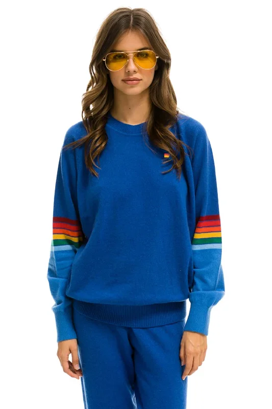 Fashionable Items RAINBOW STRIPE SLEEVE UNISEX CASHMERE LIGHT SWEATER - VINTAGE BLUE