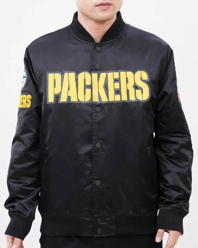 Advanced Design NFL GREEN BAY PACKERS TEAM BIG LOGO MEN'S SATIN JACKET (BLACK)