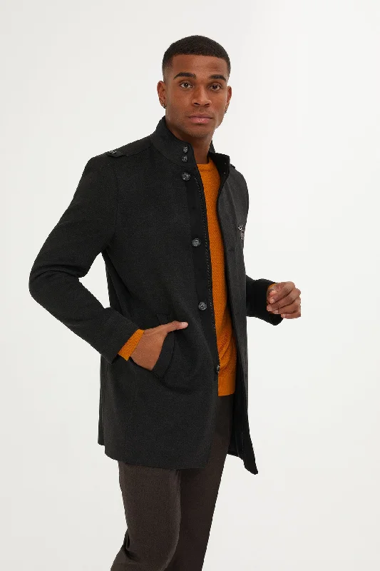 Cool Style Regular Fit Notch Lapel Brown Overcoat, Charcoal