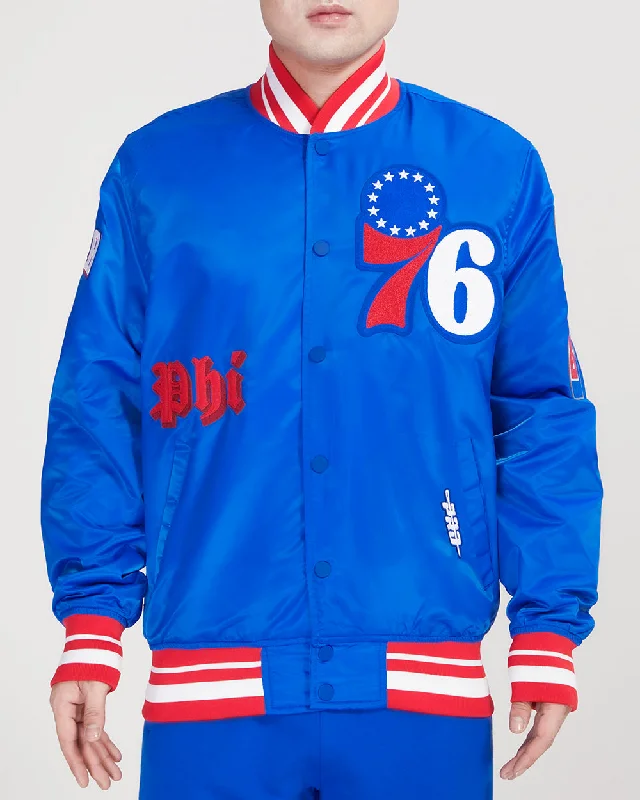 Effortless Wear NBA PHILADELPHIA 76ERS OLD ENGLISH MEN'S SATIN JACKET (ROYAL BLUE)