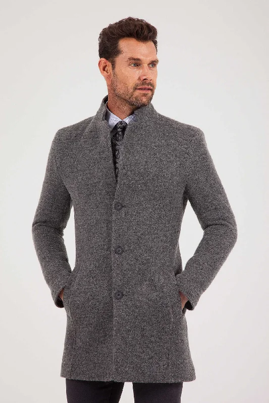 Soft Feel Slim Fit Notch Lapel Felt Wool Dark Gray Overcoat, Dark Gray