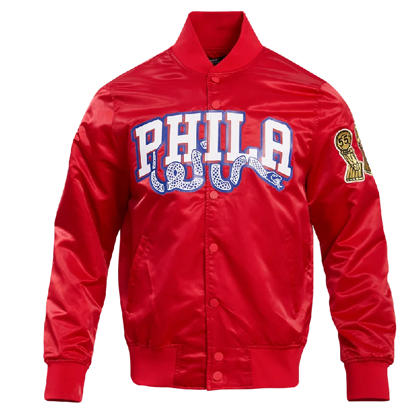 Elegant Casuals NBA PHILADELPHIA 76ERS BIG LOGO MEN'S SATIN JACKET (RED)