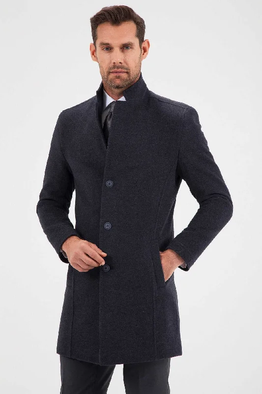Mid-length Style Slim Fit Cachet Notch Lapel Wool Blend Navy Overcoat, Navy